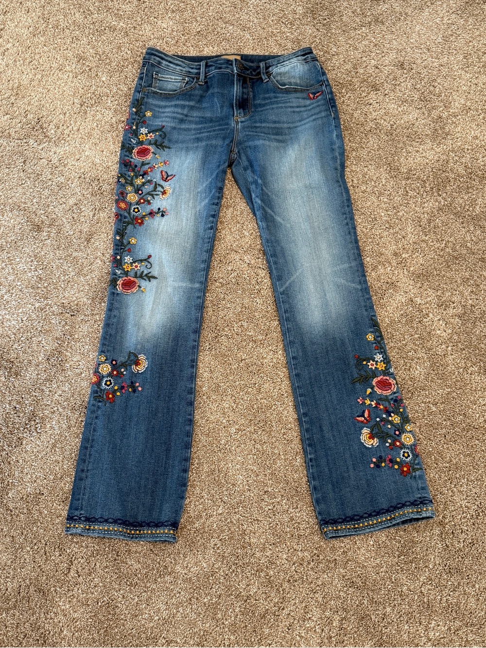 Driftwood Kelly Floral Butterfly Embroidered Boot Cut Jeans 28 Boho Western Blue